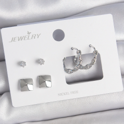 Mey İthalat® Pirinç Gümüş Renk Zirkon Taşlı Burgu Halka Model Kare Detay 3 Çift Kadın Küpe Seti