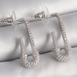 Mey İthalat® Pirinç Gümüş Renk Zirkon Taşlı Çengelli İğne Model Kadın Küpe