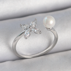 Mey İthalat® Pirinç Gümüş Renk Zirkon Taşlı Çiçek Model İnci Detay Ayarlanabilir Kadın Yüzük