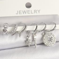 Mey İthalat® Pirinç Gümüş Renk Zirkon Taşlı Çoklu Figür Kadın Küpe Seti