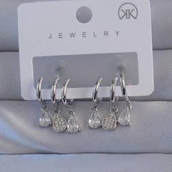 Mey İthalat® Pirinç Gümüş Renk Zirkon Taşlı Damla Model Çoklu Görünüm Yarım Halka Küpe