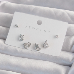 Mey İthalat® Pirinç Gümüş Renk Zirkon Taşlı Damla Model Küpe Seti