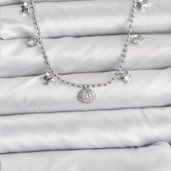 Mey İthalat® Pirinç Gümüş Renk Zirkon Taşlı Deniz Kabuğu Model Kadın Kolye