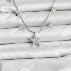 Mey İthalat® Pirinç Gümüş Renk Zirkon Taşlı Deniz Yıldızı Model Kadın Kolye