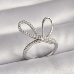 Mey İthalat® Pirinç Gümüş Renk Zirkon Taşlı Düğüm Model Kadın Yüzük