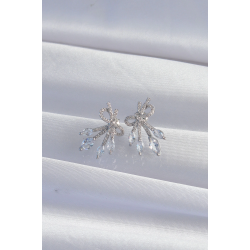 Mey İthalat® Pirinç Gümüş Renk Zirkon Taşlı Fiyonk Küpe