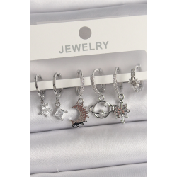 Mey İthalat® Pirinç Gümüş Renk Zirkon Taşlı Gezgen Model Kadın Küpe Seti