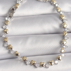 Mey İthalat® Pirinç Gümüş Renk Zirkon Taşlı Gold Kalpli VIP Seri Kadın Bileklik