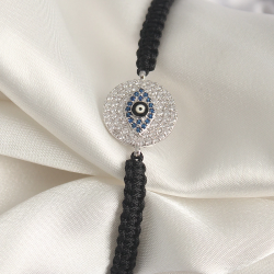 Mey İthalat® Pirinç Gümüş Renk Zirkon Taşlı Göz İşlemeli Figür Asansörlü Makrome Model Kadın Bileklik