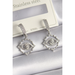 Mey İthalat® Pirinç Gümüş Renk Zirkon Taşlı Göz Model Kadın Küpe