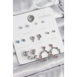 Mey İthalat® Pirinç Gümüş Renk Zirkon Taşlı Gül Figür Halka Model 7 Çift Kadın Küpe Seti