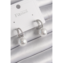 Mey İthalat® Pirinç Gümüş Renk Zirkon Taşlı Halka İnci Detay Kadın Küpe