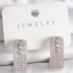 Mey İthalat® Pirinç Gümüş Renk Zirkon Taşlı Halka Messika Model Kadın Küpe