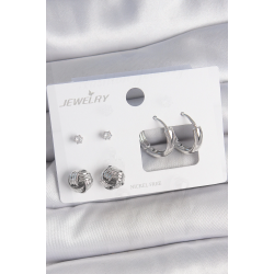 Mey İthalat® Pirinç Gümüş Renk Zirkon Taşlı Halka Model 3 Çift Kadın Küpe Seti