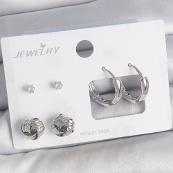 Mey İthalat® Pirinç Gümüş Renk Zirkon Taşlı Halka Model 3 Çift Kadın Küpe Seti