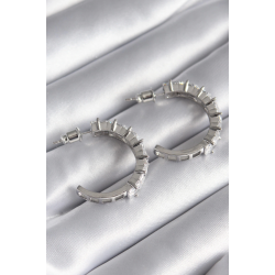 Mey İthalat® Pirinç Gümüş Renk Zirkon Taşlı Halka Model Kadın Küpe