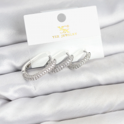 Mey İthalat® Pirinç Gümüş Renk Zirkon Taşlı Halka Model YSX Trio Küpe Seti