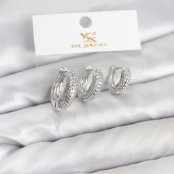 Mey İthalat® Pirinç Gümüş Renk Zirkon Taşlı Halka Model YSX Trio Küpe Seti