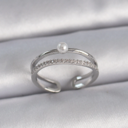 Mey İthalat® Pirinç Gümüş Renk Zirkon Taşlı İnci Detay Ayarlanabilir Model Kadın Yüzük