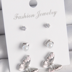 Mey İthalat® Pirinç Gümüş Renk Zirkon Taşlı İnci Detaylı Kelebek Model 3 Çift Kadın Küpe Seti