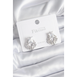 Mey İthalat® Pirinç Gümüş Renk Zirkon Taşlı Kadın Küpe