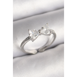 Mey İthalat® Pirinç Gümüş Renk Zirkon Taşlı Kalp Fiyonk Model Kadın Yüzük