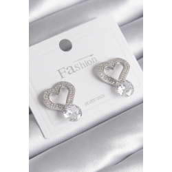 Mey İthalat® Pirinç Gümüş Renk Zirkon Taşlı Kalp Model Damla Zirkon Taş Detay Kadın Küpe