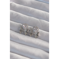 Mey İthalat® Pirinç Gümüş Renk Zirkon Taşlı Kalp Model Fiyonk Küpe