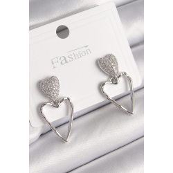 Mey İthalat® Pirinç Gümüş Renk Zirkon Taşlı Kalp Model Kadın Küpe