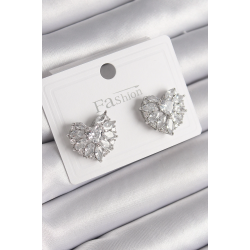 Mey İthalat® Pirinç Gümüş Renk Zirkon Taşlı Kalp Model Kadın Küpe