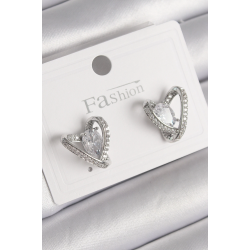 Mey İthalat® Pirinç Gümüş Renk Zirkon Taşlı Kalp Model Kadın Küpe