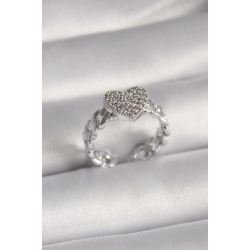 Mey İthalat® Pirinç Gümüş Renk Zirkon Taşlı Kalp Model Kadın Yüzük