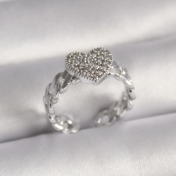 Mey İthalat® Pirinç Gümüş Renk Zirkon Taşlı Kalp Model Kadın Yüzük