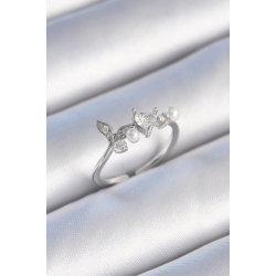 Mey İthalat® Pirinç Gümüş Renk Zirkon Taşlı Kalp Yaprak Model İnci Detay Kadın Yüzük