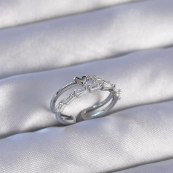 Mey İthalat® Pirinç Gümüş Renk Zirkon Taşlı Kalpli 2li Görünüm Ayarlanabilir Yüzük