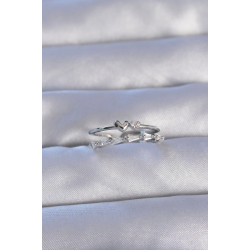 Mey İthalat® Pirinç Gümüş Renk Zirkon Taşlı Kalpli 2li Görünüm Ayarlanabilir Yüzük