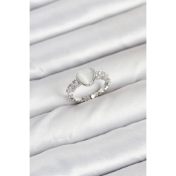 Mey İthalat® Pirinç Gümüş Renk Zirkon Taşlı Kalpli Kadın Yüzük