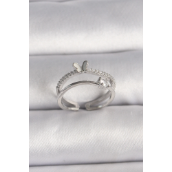 Mey İthalat® Pirinç Gümüş Renk Zirkon Taşlı Kelebek Figürlü Ayarlanabilir Yüzük