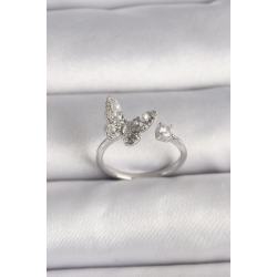 Mey İthalat® Pirinç Gümüş Renk Zirkon Taşlı Kelebek Model İnci Detay Ayarlanabilir Yüzük