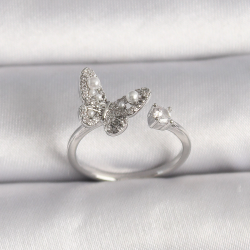 Mey İthalat® Pirinç Gümüş Renk Zirkon Taşlı Kelebek Model İnci Detay Ayarlanabilir Yüzük