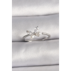 Mey İthalat® Pirinç Gümüş Renk Zirkon Taşlı Kelebek Model İnci Detaylı Ayarlanabilir Yüzük