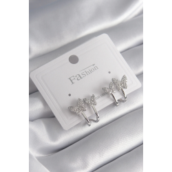 Mey İthalat® Pirinç Gümüş Renk Zirkon Taşlı Kelebek Model Kadın Küpe