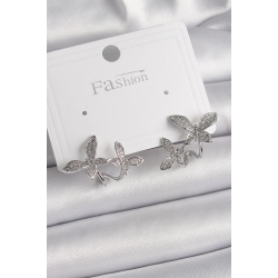 Mey İthalat® Pirinç Gümüş Renk Zirkon Taşlı Kelebek Model Kadın Küpe