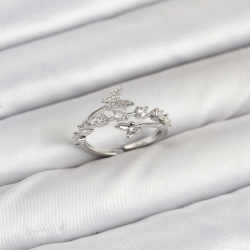 Mey İthalat® Pirinç Gümüş Renk Zirkon Taşlı Kelebek Model Kadın Yüzük