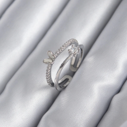 Mey İthalat® Pirinç Gümüş Renk Zirkon Taşlı Kelebek Model Kadın Yüzük