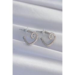 Mey İthalat® Pirinç Gümüş Renk Zirkon Taşlı Kıvrımlı Yarım Kalp Küpe