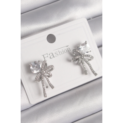 Mey İthalat® Pirinç Gümüş Renk Zirkon Taşlı Kurdele Model Kadın Küpe