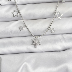 Mey İthalat® Pirinç Gümüş Renk Zirkon Taşlı Kutup Yıldızı Model Kadın Kolye