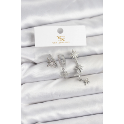 Mey İthalat® Pirinç Gümüş Renk Zirkon Taşlı Kutup Yıldızı Model YSX Trio Küpe Seti