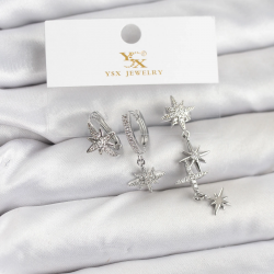 Mey İthalat® Pirinç Gümüş Renk Zirkon Taşlı Kutup Yıldızı Model YSX Trio Küpe Seti